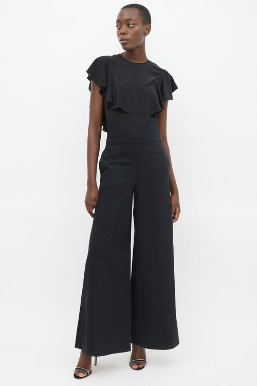 Red Valentino Black Flounced Top Flared Leg Jumpsuit