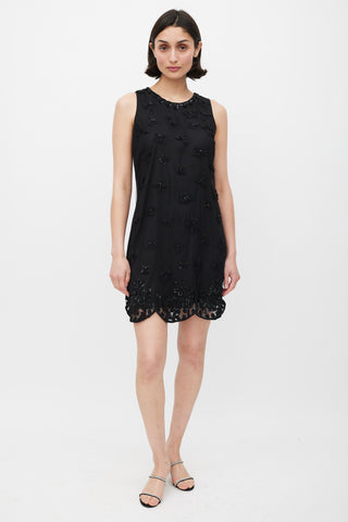 Red Valentino Black Mesh Floral Embellished Shift Dress