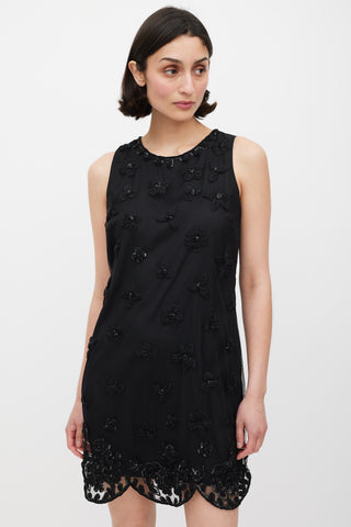 Red Valentino Black Mesh Floral Embellished Shift Dress