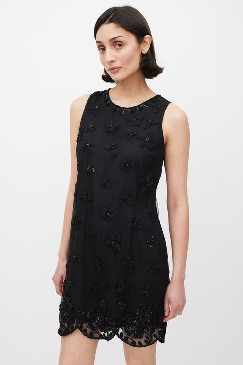 Red Valentino Black Mesh Floral Embellished Shift Dress