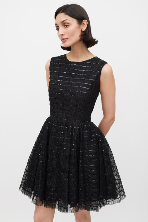 Red Valentino Black Mesh Sequinned Stripe A-Line Dress