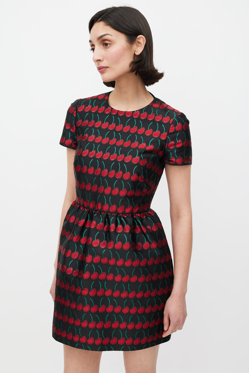 Red Valentino Black Red 
Green Cherry Brocade Dress