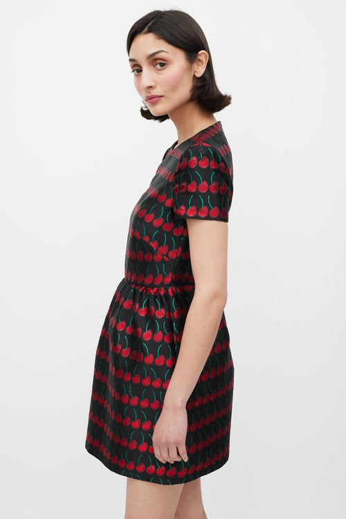 Red Valentino Black Red 
Green Cherry Brocade Dress