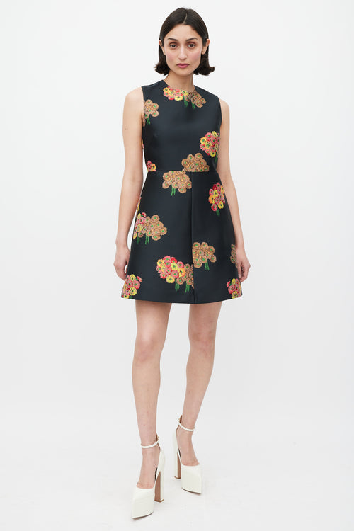 Red Valentino Black 
Multicolour Floral Brocade A-Line Dress