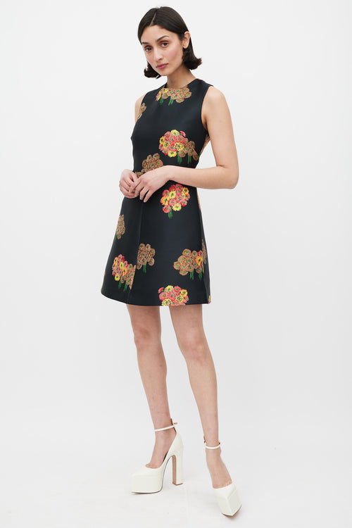 Red Valentino Black 
Multicolour Floral Brocade A-Line Dress