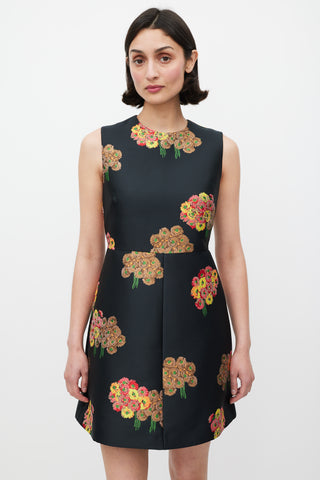 Red Valentino Black 
Multicolour Floral Brocade A-Line Dress