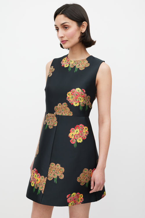 Red Valentino Black 
Multicolour Floral Brocade A-Line Dress