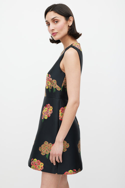 Red Valentino Black 
Multicolour Floral Brocade A-Line Dress