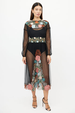 Red Valentino Black 
Multicolour Floral Embroidered Sheer Dress