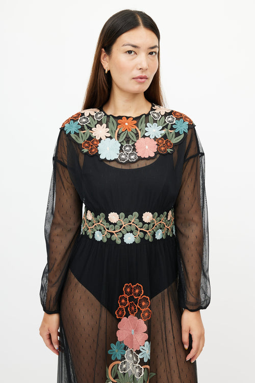 Red Valentino Black 
Multicolour Floral Embroidered Sheer Dress