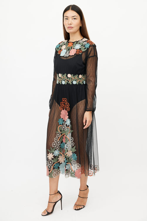 Red Valentino Black 
Multicolour Floral Embroidered Sheer Dress