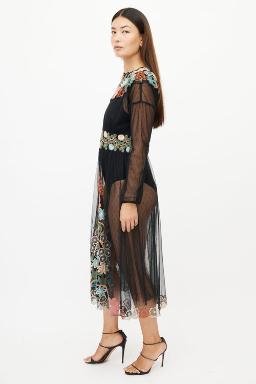 Red Valentino Black 
Multicolour Floral Embroidered Sheer Dress