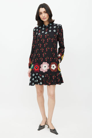 Red Valentino Black 
Multicolour Floral Silk Ruffled Dress