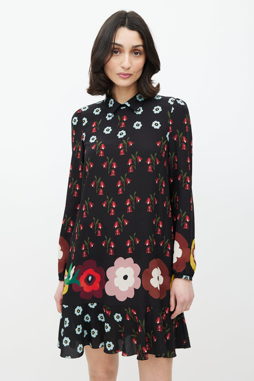 Red Valentino Black 
Multicolour Floral Silk Ruffled Dress