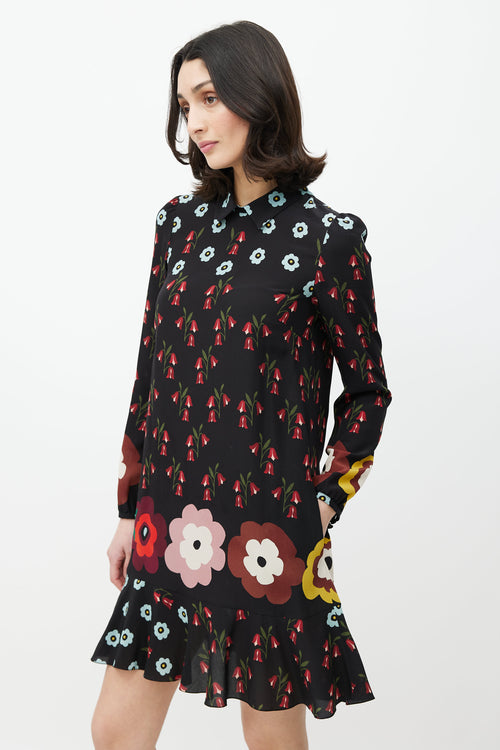 Red Valentino Black 
Multicolour Floral Silk Ruffled Dress