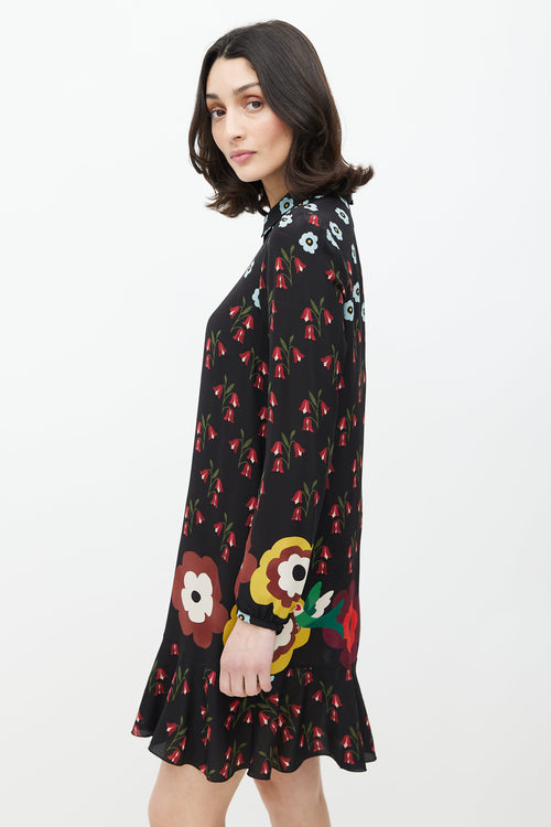 Red Valentino Black 
Multicolour Floral Silk Ruffled Dress