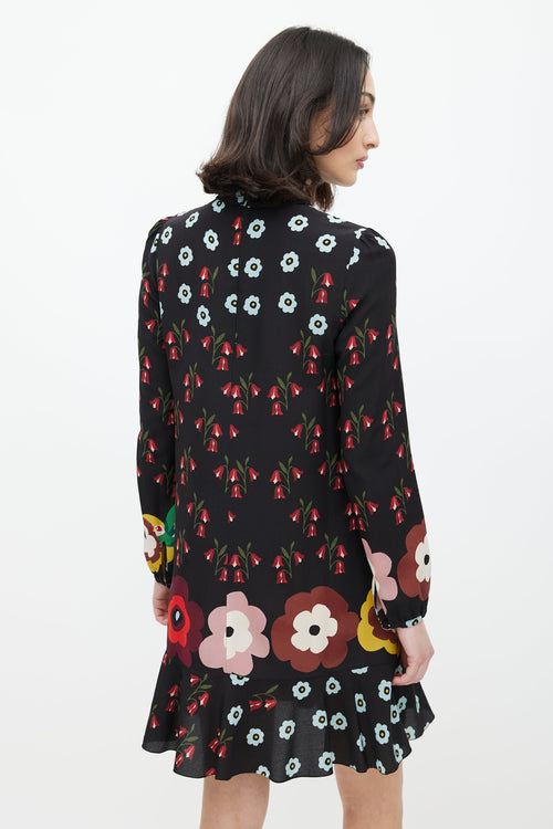 Red Valentino Black 
Multicolour Floral Silk Ruffled Dress