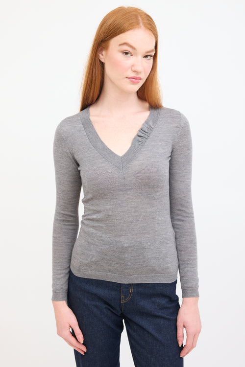 Red Valentino Grey Knit Ruffle V-Neck Top