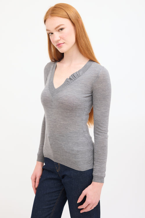 Red Valentino Grey Knit Ruffle V-Neck Top