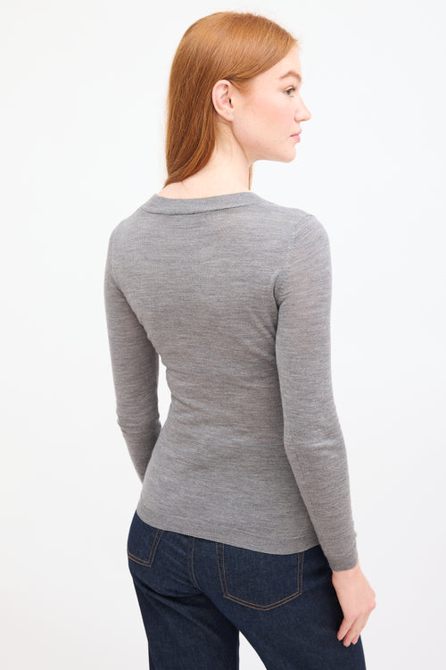 Red Valentino Grey Knit Ruffle V-Neck Top