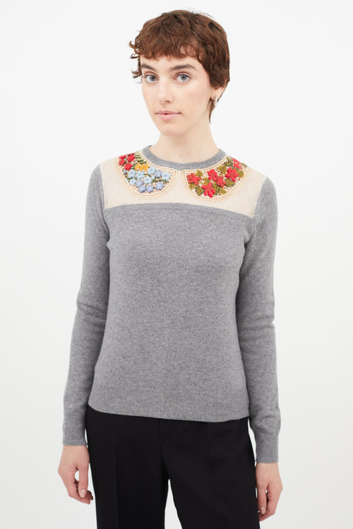 Red Valentino Grey 
Multicolour Lace Floral Sweater