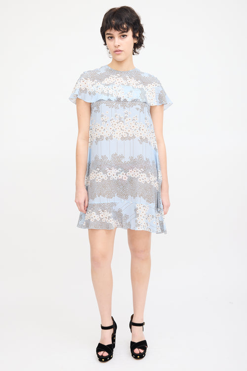 Red Valentino Light Blue 
Multi Silk Floral Flounce Dress