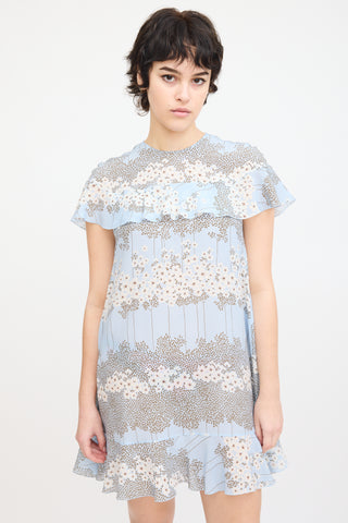 Red Valentino Light Blue 
Multi Silk Floral Flounce Dress