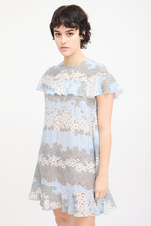 Red Valentino Light Blue 
Multi Silk Floral Flounce Dress