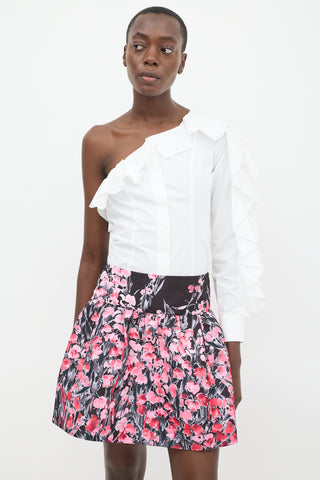 Red Valentino Pink 
Black Floral Gathered Mini Skirt