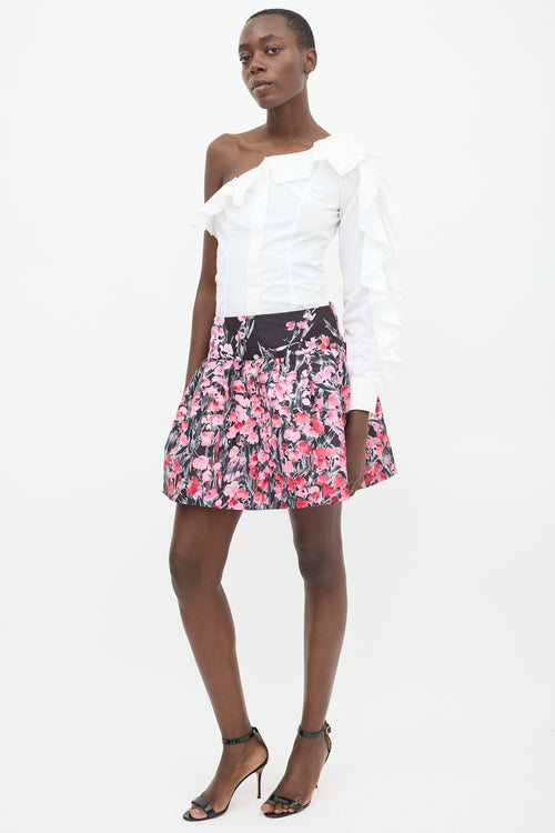 Red Valentino Pink 
Black Floral Gathered Mini Skirt