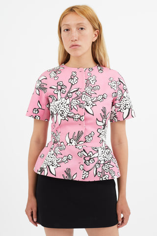 Red Valentino Pink Floral Peplum Short Sleeve Blazer