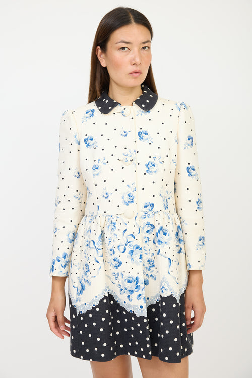 Red Valentino White 
Blue Floral Polka Dot Coat