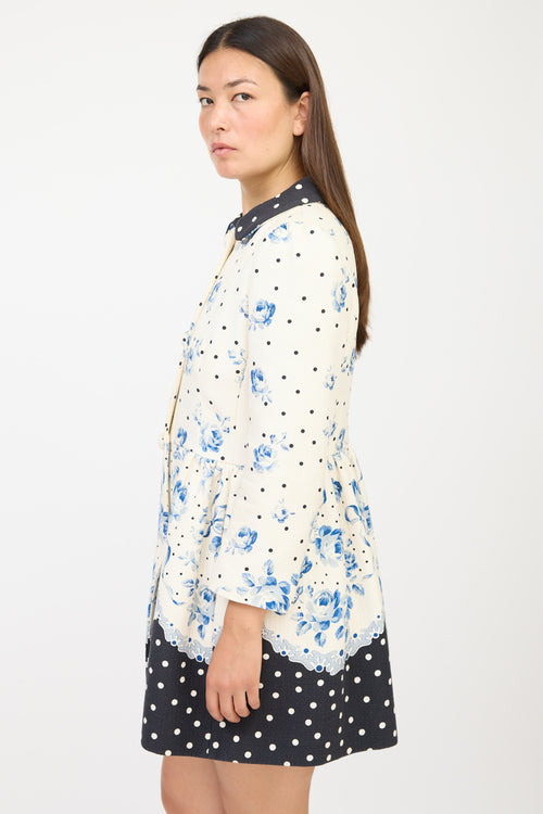 Red Valentino White 
Blue Floral Polka Dot Coat