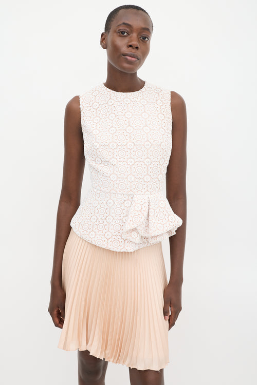 Red Valentino White 
Pink Floral Lace Pleated Peplum Top