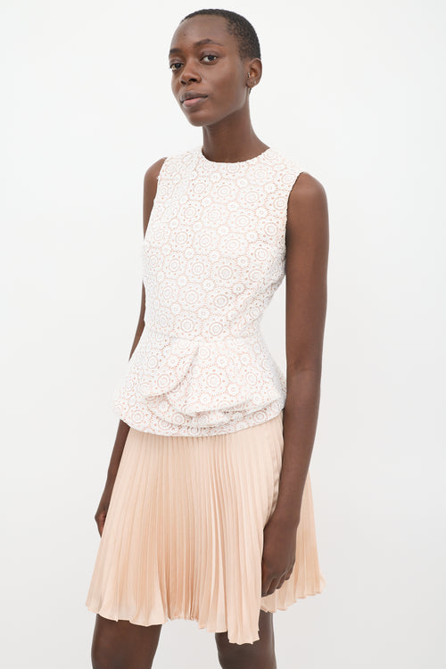 Red Valentino White 
Pink Floral Lace Pleated Peplum Top