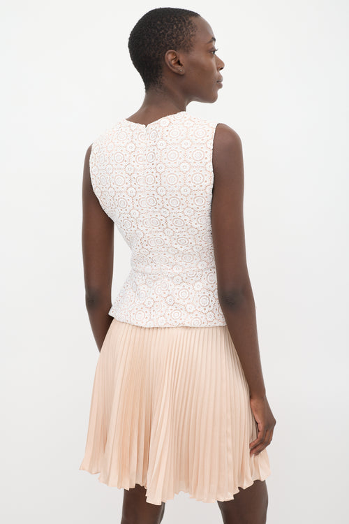 Red Valentino White 
Pink Floral Lace Pleated Peplum Top