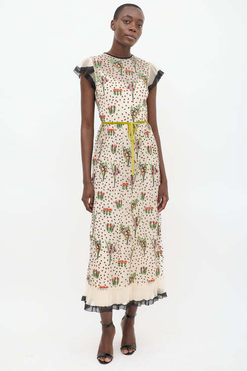 Red Valentino Beige 
Multicolour Mesh Floral Embroidered Overlay Dress