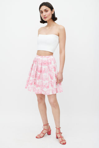 Red Valentino Pink 
White Cotton Printed Pleated Skirt