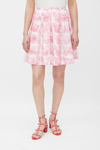 Red Valentino Pink 
White Cotton Printed Pleated Skirt