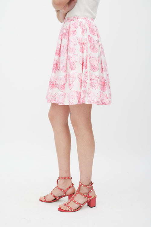 Red Valentino Pink 
White Cotton Printed Pleated Skirt