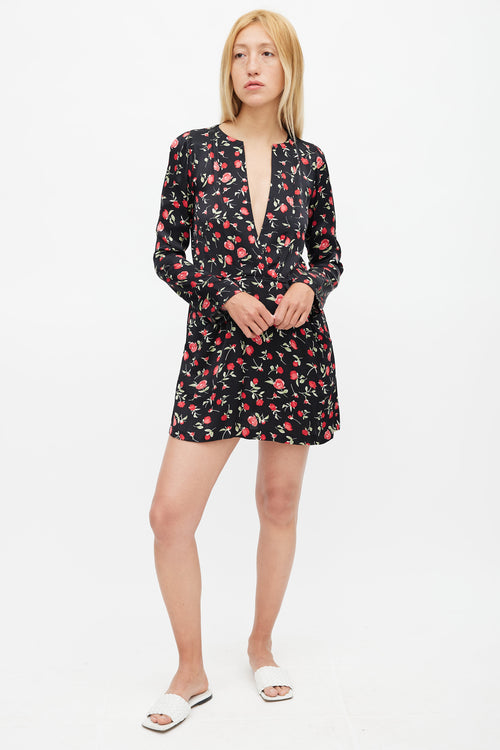 Reformation Black 
Multicolour Floral V-Neck Dress