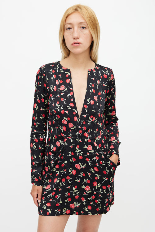 Reformation Black 
Multicolour Floral V-Neck Dress