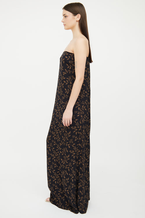 Reformation Black 
Beige Floral Strapless Dress