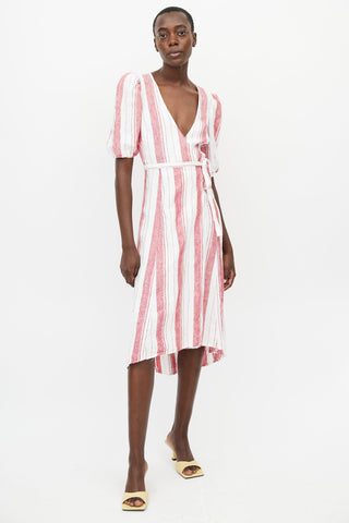 Reformation White 
Red Linen Stripes Wrap Dress