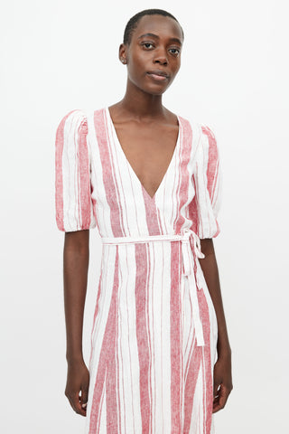 Reformation White 
Red Linen Stripes Wrap Dress