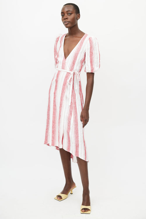 Reformation White 
Red Linen Stripes Wrap Dress