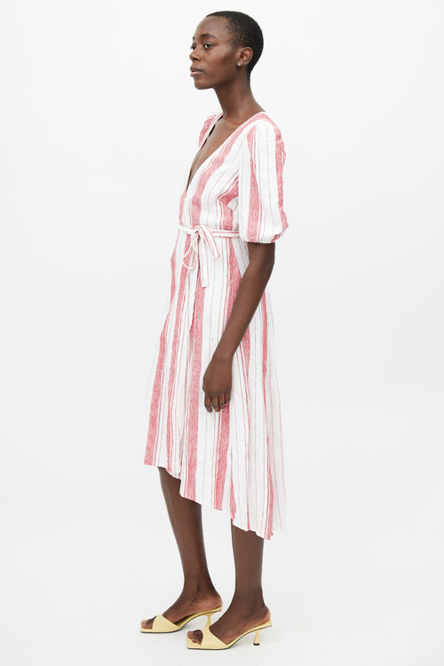 Reformation White 
Red Linen Stripes Wrap Dress