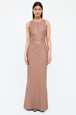 Reiss Brown Leather Panel Belted Dress