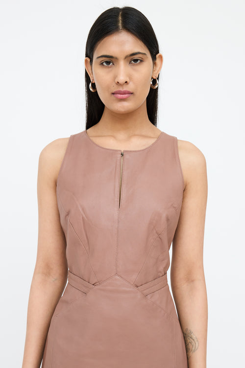 Reiss Brown Leather Panel Belted Dress