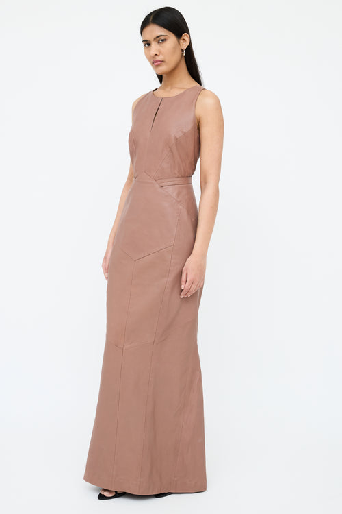 Reiss Brown Leather Panel Belted Dress